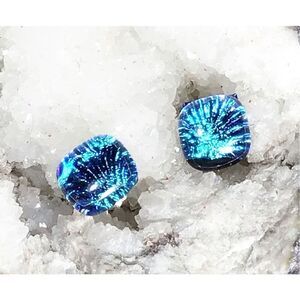 Earrings, Blue Dichroic Stud Earrings, NEW, Handmade, Artisan, Studs
